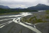 Aerial view of mountains and braided river, Alaska.