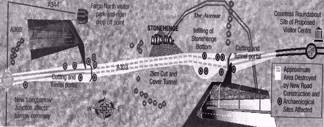 Figure 2: Proposed route of the dual two-kilometer cut-and-cover tunnel through the Stonehenge World Heritage Site, showing the positionof the proposed visitor centre. (Paul Graves-Brown)